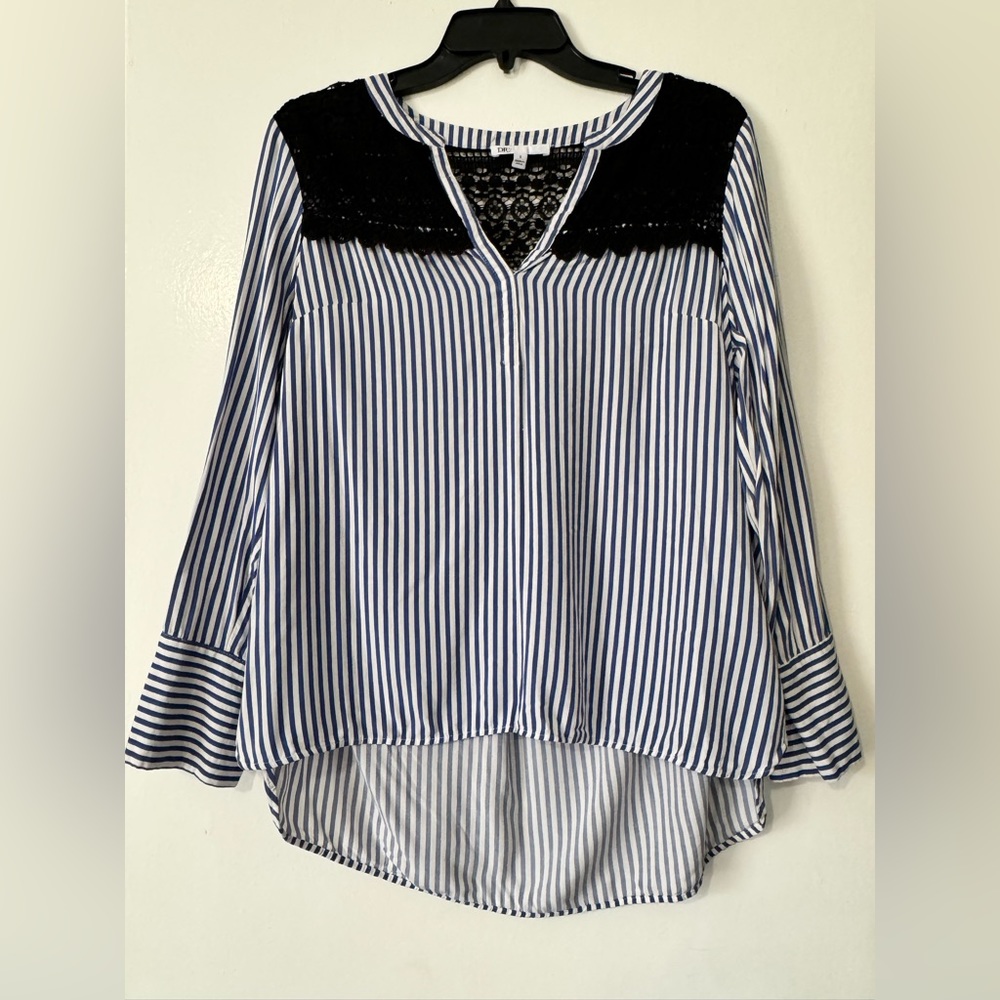DR2 Black Crochet and Blue Stripe Blouse (S)